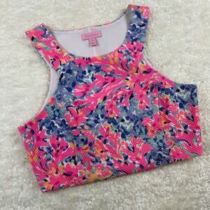 Lilly Pulitzer Crop Top Womens Medium Pink Multi Floral Textured Shell‎ 24884